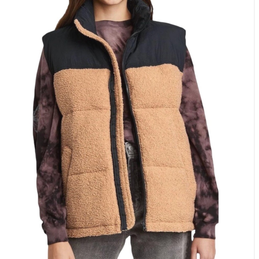 WILD FABLE PUFFY VEST Brown Sherpa Faux Fur &Dark Brown Puffer ZIP-UP Pockets S